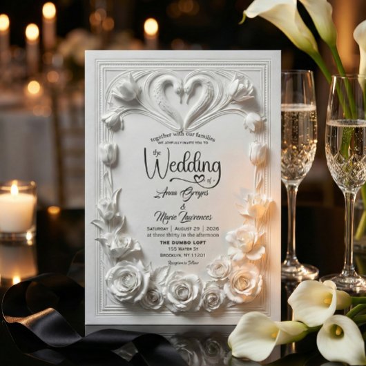 Faux Bas Relief Swans Heart Classical Wedding Einladung