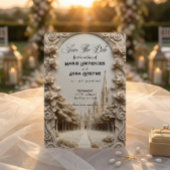 Faux-Basenrelief geschnitzter floraler Torbogen Save The Date