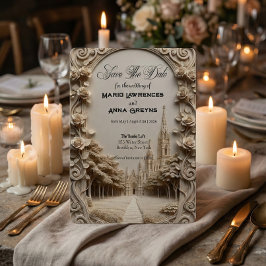 Faux-Basenrelief geschnitzter floraler Torbogen Save The Date