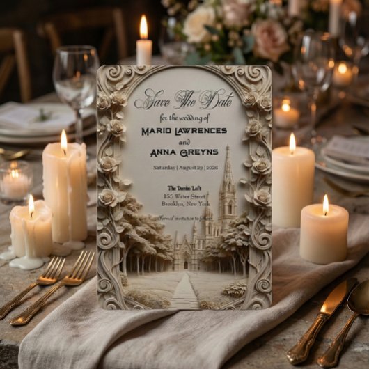 Faux-Basenrelief geschnitzter floraler Torbogen Save The Date