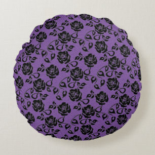 Faux Black Lace Rose Fishnet Purple Round Pillow Rundes Kissen