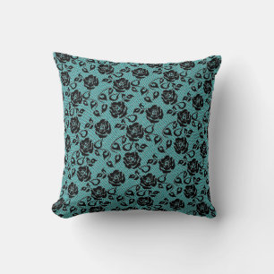Faux Black Lace Rose Fishnet Teal Throw Kissen