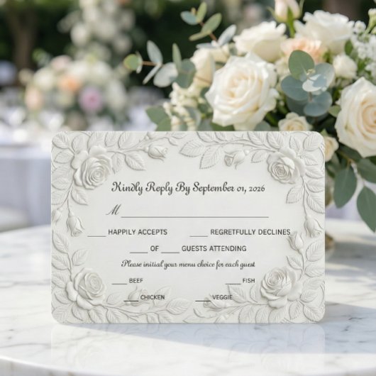 Faux Blind Embossed Rose Floral Bas-Relief Effect RSVP Karte
