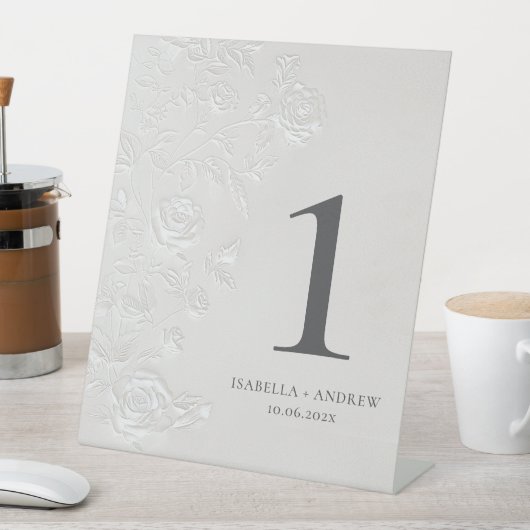 Faux Blind Embossed Wedding Table Number Ivory  Sockelschild (In Situ)