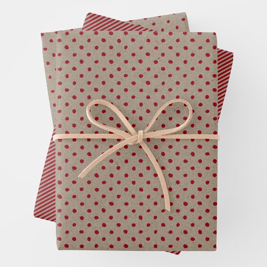 Faux Brown & Red Kraft Paper With Multi Patterns Geschenkpapier Set