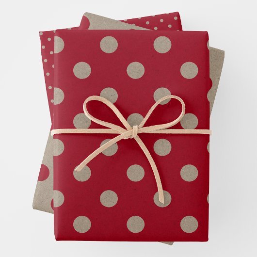 Faux Brown & Red Kraft Paper With Polka Dots Geschenkpapier Set