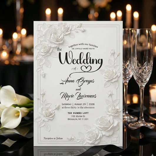 Faux Carved White Rose Bas Relief Floral Wedding  Einladung