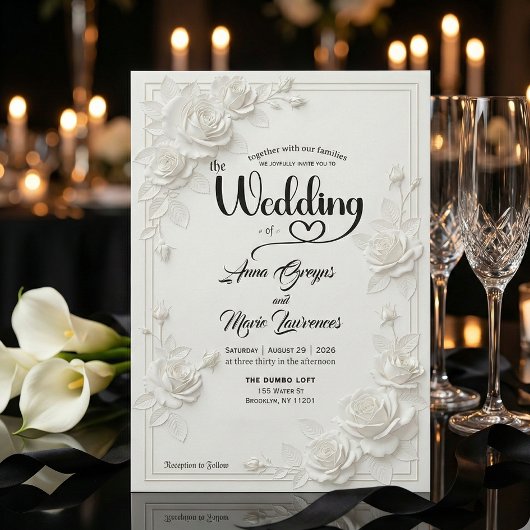Faux Carved White Rose Bas Relief Floral Wedding Einladung