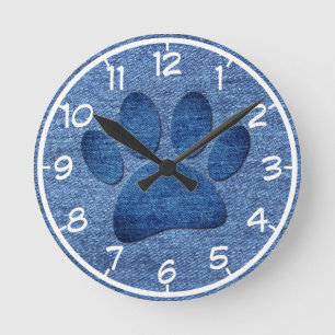 Faux Denim Jeans Dog Paw Print Runde Wanduhr