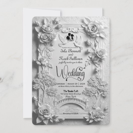 Faux Embossed 3D White Rose Floral Relief Wedding  Einladung (Vorderseite)