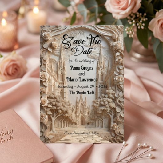 Faux Embossed Cathedral Arch Floral Relief Save The Date