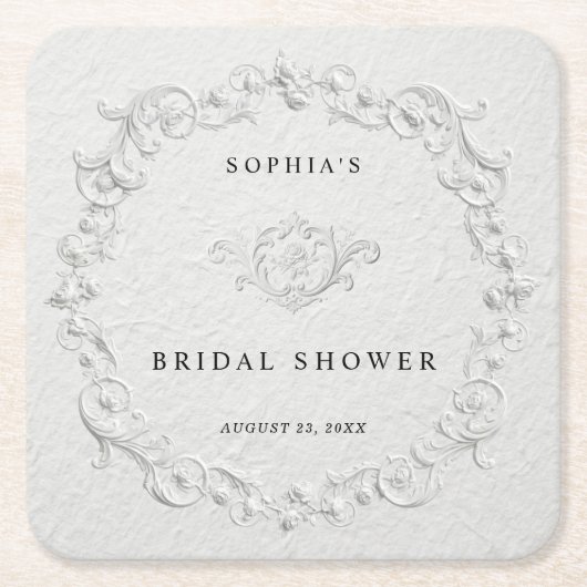Faux Embossed Floral Bridal Shower Square Pap Rechteckiger Pappuntersetzer (Vorderseite)