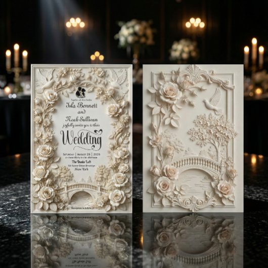 Faux Embossed Floral Relief Effect Classic Wedding Einladung