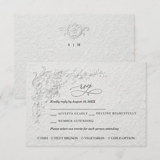 Faux Embossed Floral Wedding RSVP Card Karte (Vorne/Hinten)
