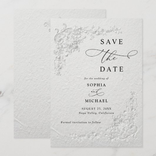 Faux Embossed Floral Wedding Save the Date  I Einladung (Vorne/Hinten)