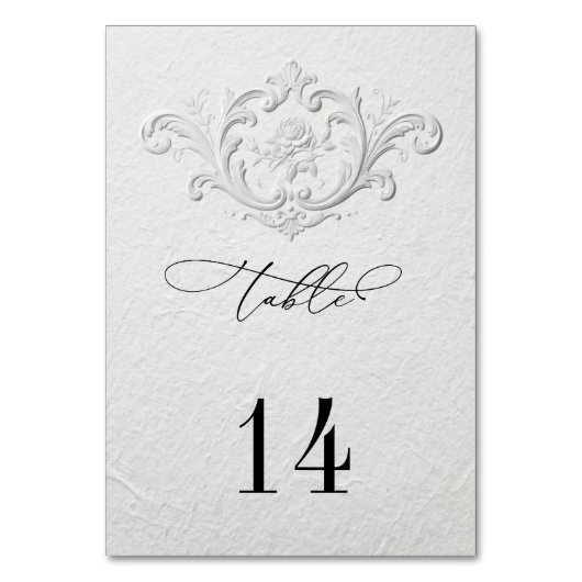 Faux Embossed Floral Wedding Table Numbers Tischnummer (Vorderseite)