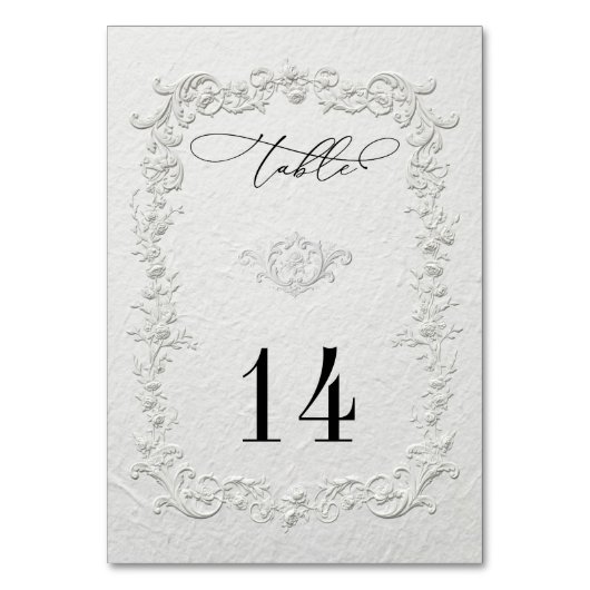 Faux Embossed Floral Wedding Table Numbers Tischnummer (Vorderseite)