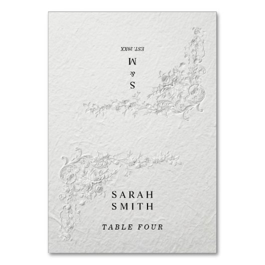 Faux Embossed Floral Wedding Table Place Card Tischnummer (Vorderseite)