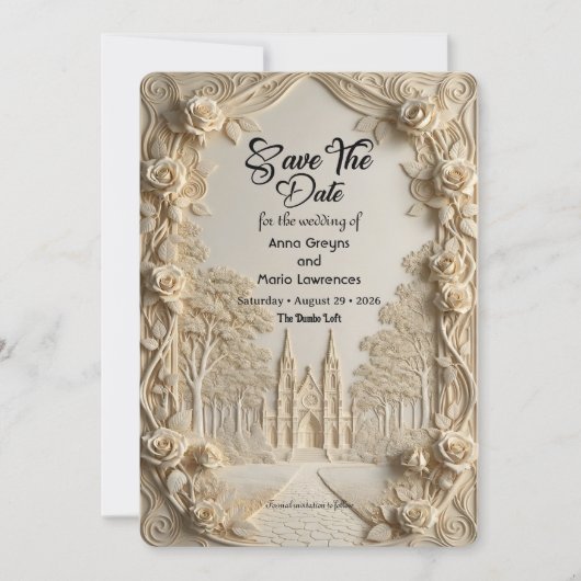 Faux Embossed Relief Ivory Baroque Stone Save The Date (Vorderseite)