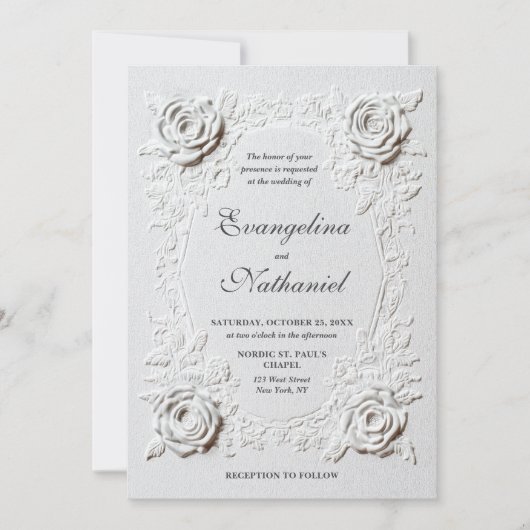 Faux Embossed Roses Elegant Script Formal Wedding Einladung (Vorderseite)