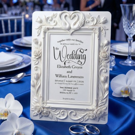 Faux Embossed Swans & Roses Fairytale Wedding Einladung