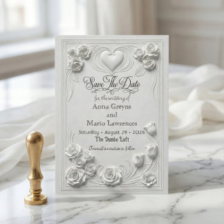 Faux Embossed White Rose Relief Save The Date