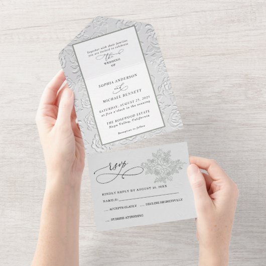 Faux Embossed White Roses Wedding  All In One Einladung (Abreißen)