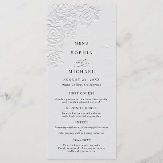 Faux Embossed White Roses Wedding Flat Menu Menükarte (Vorderseite)