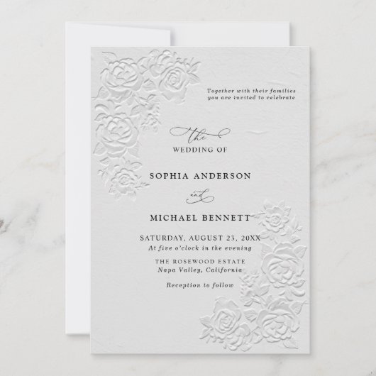 Faux Embossed White Roses Wedding Invitation Einladung (Vorderseite)