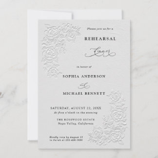 Faux Embossed White Roses Wedding Rehearsal Dinner Einladung