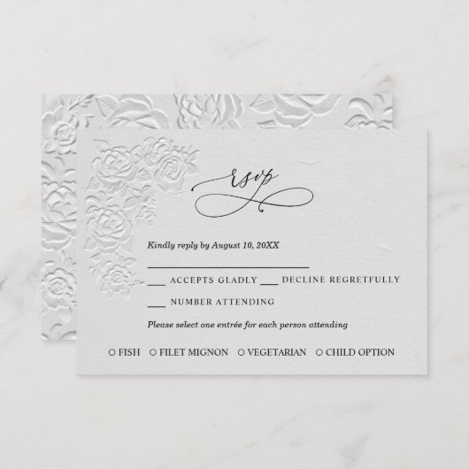 Faux Embossed White Roses Wedding RSVP Card (Vorne/Hinten)