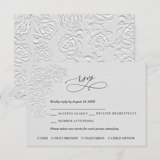 Faux Embossed White Roses Wedding RSVP Card Karte (Vorne/Hinten)