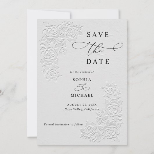 Faux Embossed White Roses Wedding Save the Date  Einladung (Vorderseite)