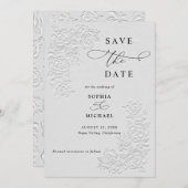 Faux Embossed White Roses Wedding Save the Date  Einladung (Vorne/Hinten)