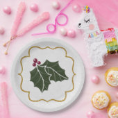 Faux Felt and Gold Glitter Holly Leaves Berries Pappteller (Party)