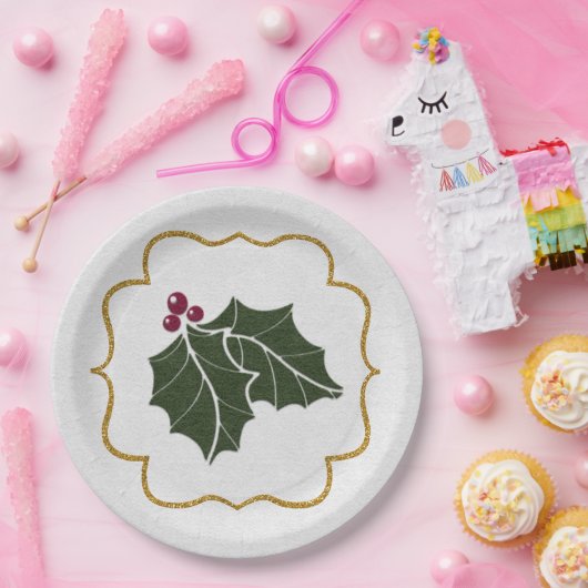 Faux Felt and Gold Glitter Holly Leaves Berries Pappteller (Party)