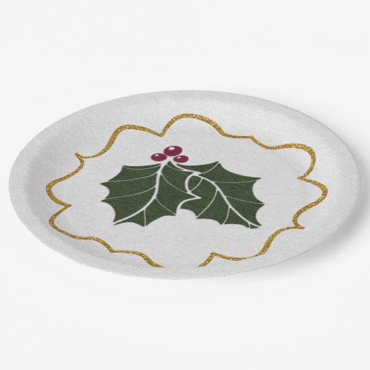 Faux Felt and Gold Glitter Holly Leaves Berries Pappteller (Schrägansicht)