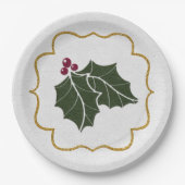 Faux Felt and Gold Glitter Holly Leaves Berries Pappteller (Vorderseite)