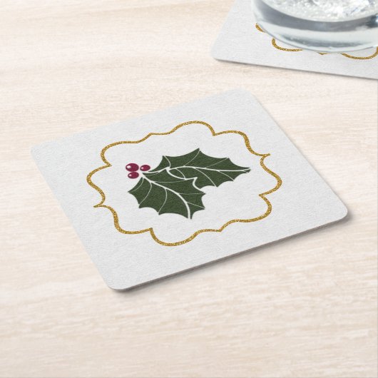 Faux Felt and Gold Glitter Holly Leaves Berries Rechteckiger Pappuntersetzer (angewinkelt)