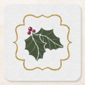 Faux Felt and Gold Glitter Holly Leaves Berries Rechteckiger Pappuntersetzer (Vorderseite)