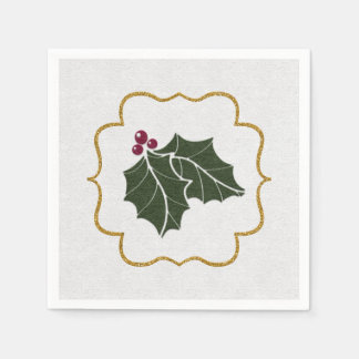 Faux Felt and Gold Glitter Holly Leaves Berries Serviette