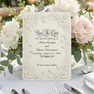 Faux geprägter 3D-Blumen-Relief-Effekt in Creme Save The Date
