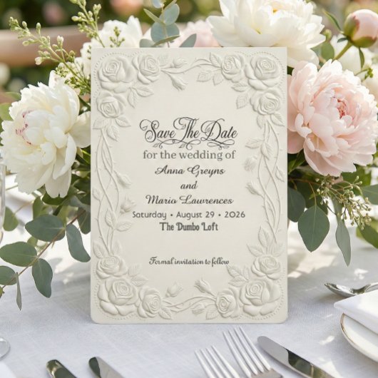 Faux geprägter 3D-Blumen-Relief-Effekt in Creme Save The Date