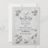 Faux geprägter Weißer-Rosen-Reliefdruck Save The Date (Vorderseite)