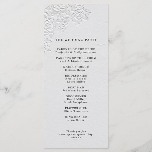 Faux geprägtes weißes Rosen-Hochzeitsprogramm Programm (Rückseite)
