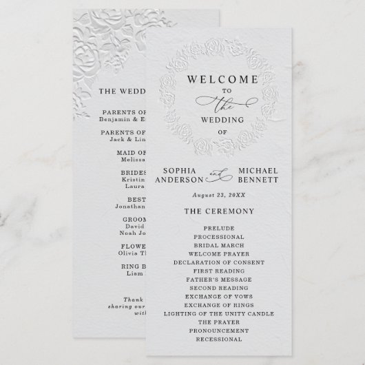 Faux geprägtes weißes Rosen-Hochzeitsprogramm Programm (Vorne/Hinten)