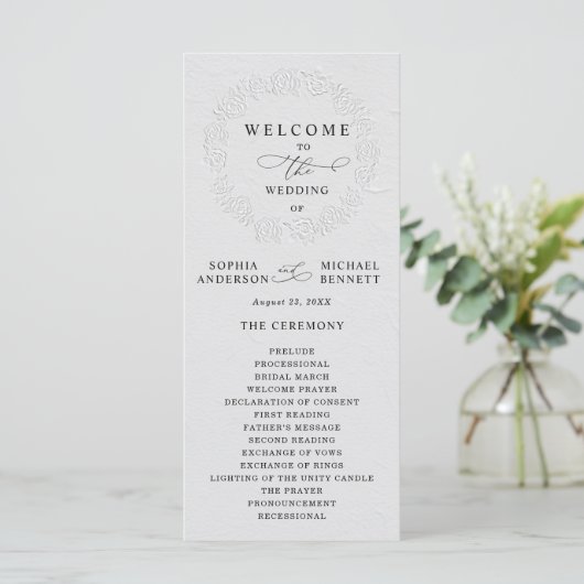 Faux geprägtes weißes Rosen-Hochzeitsprogramm Programm (Stehend Vorderseite)