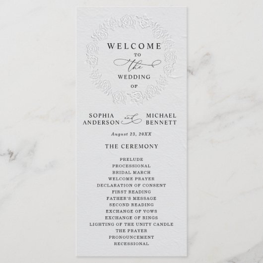 Faux geprägtes weißes Rosen-Hochzeitsprogramm Programm (Vorderseite)