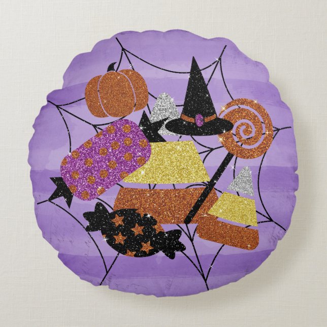 Faux Glitter Halloween Candy Spider Web Collage Rundes Kissen (Vorderseite)