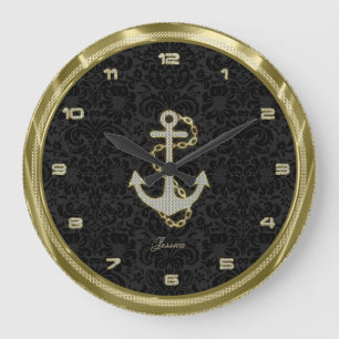 Faux Glitter Nautical Anchor Black Background 2 Große Wanduhr